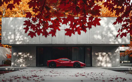 Ferrari, Спорткар, Суперкар, Червона машина, Автомобіль, Будинок, Вілла, Особняк, Сучасна архітектура, Мінімалізм, Бетонний будинок, Осінь, Червоне листя, Клен, Дерева, Природа, Розкіш, Стиль, Дизайн, Авто