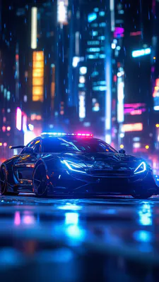 Police, AI, Neon Lights, City, Reflection
