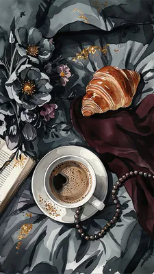 Ранок, Кава, Круассан, Квіти, Акварель, Атмосферно, Естетика, Сірий, Шпалери на телефон