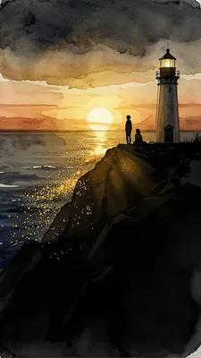 Море, Маяк, Захід сонця, Акварель, Романтика, Естетика, Шпалери на телефон