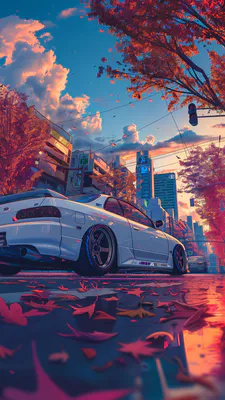 Car, Coupe, Tuning, Street Landscape, Leaves, Neon Light, City, Sunset, AI Art