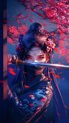 Anime, Girl, Sword, Flower Petals, Fantasy, Portrait, Night Landscape, Japanese Style, Red Accents, AI Art