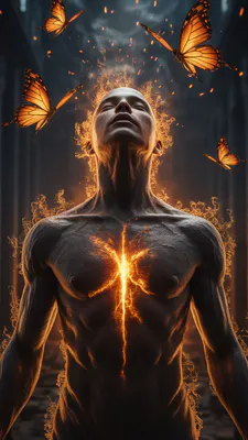 Мужчина, Бабочки, Пламя, Искры, Свет, Темный портрет, Фантастика, AI Art