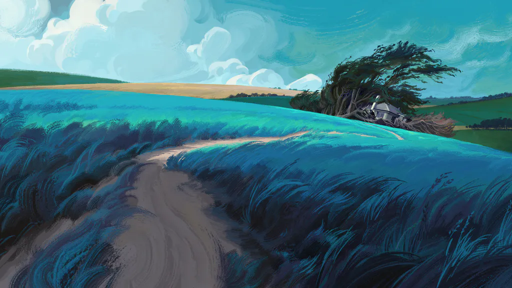 Обои на рабочий стол: Одинокий дом среди волн поля