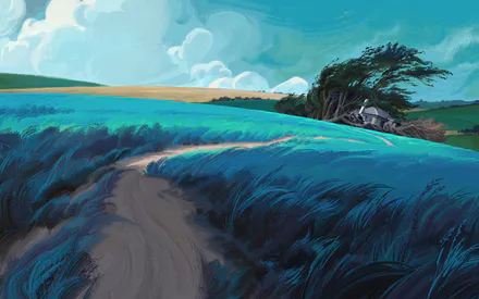 Пейзаж, Поле, Ветер, Одиночество, Дом, Облака, Движение, Спокойствие, Художественный стиль, Природа