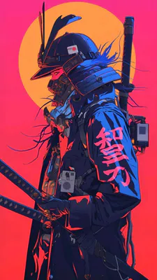 Киберпанк, Самурай, Футуризм, Неон, Воин, Японская эстетика, Цифровое искусство, Яркие цвета, Контраст, Фантазия