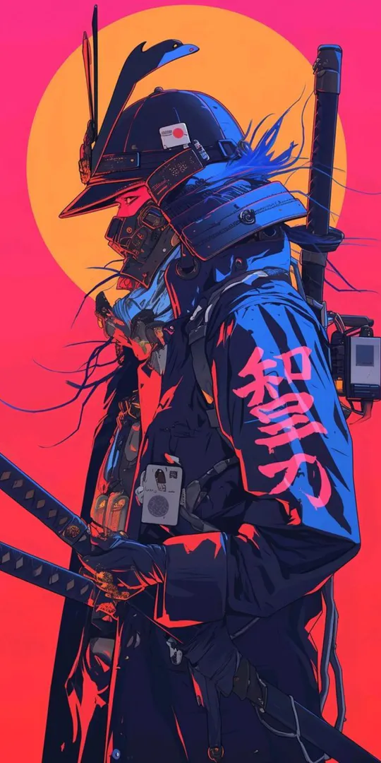 Обои на телефон: Киберсамурай на фоне неонового солнца
