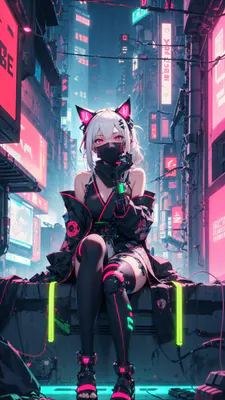 Киберпанк, Аниме, Неон, Ночной город, Футуризм, Девушка, Технологии, Урбанистика, Сине-розовые тона, Атмосфера