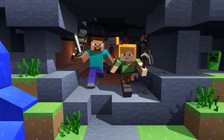 Приключение, Блочный мир, Пещера, Персонажи, Экшен, Фантазия, Игра, Монстры, Динамика, Яркие цвета, Стив, Алекс, Minecraft