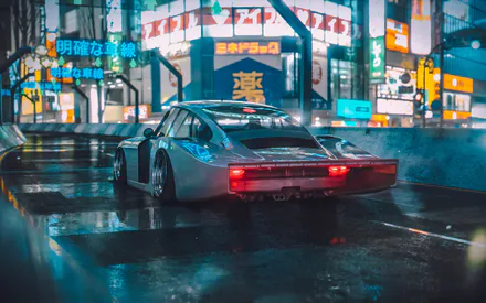 Автомобиль, Ночной город, Неон, Дождь, Киберпанк, Футуризм, Урбанистика, Японские вывески, Скорость, Атмосфера