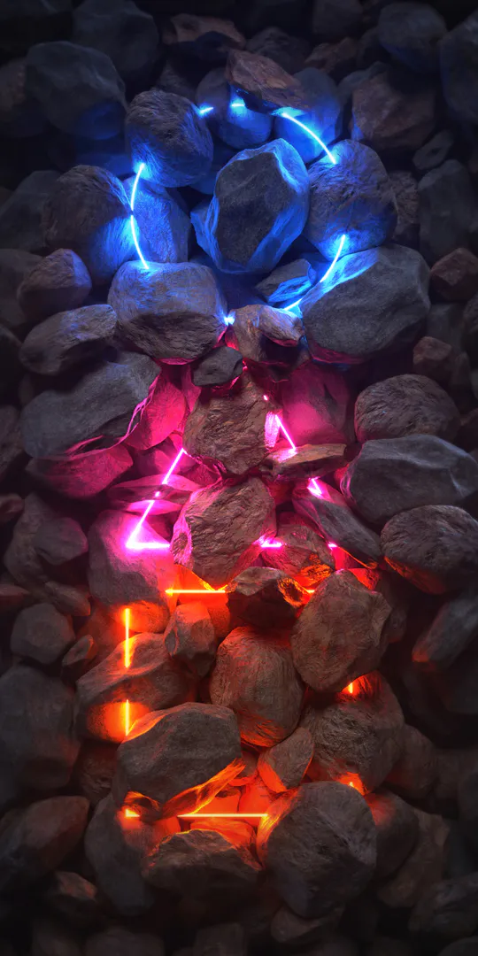 Обои на телефон: Неоновые символы среди камней
