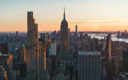 Город, Нью-йорк, Небоскребы, Закат, Городской пейзаж, Архитектура, Урбанистика, Панорама, Вечерний свет