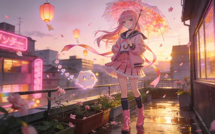 Аниме стиль, Девушка, Городской пейзаж, Дождь, Вечерний свет, Розовые тона, Фонари, Романтическая атмосфера, Фантазия, Уют