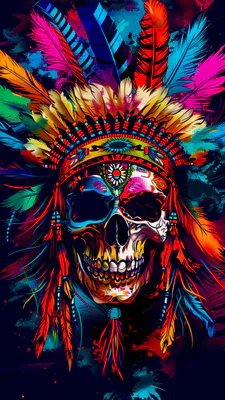 Череп, Шаман, Перья, Этно, Арт, Контраст, Иллюстрация