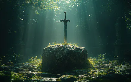 KyRyeZi, Midjourney Art, ИИ искусство, Фэнтези, Меч, Эпический, Лес, Лучи солнца, Природа, Широкоформатные, 10k