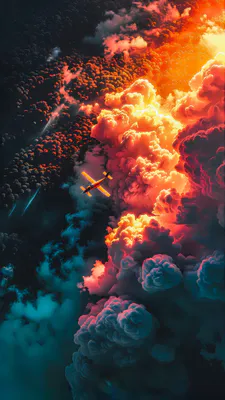 Повітряна пригода, Оранжево-блакитний контраст, Драматичне освітлення, Вечірнє небо, Ілюстрація, Сюрреалістичний стиль, Жаркі відблиски, Об’ємні формації, AI Art