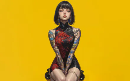 Желтый фон, Татуировки, Короткая стрижка, Черное платье с драконом, Сидячая поза, Реалистичная иллюстрация, Челка, AI Art