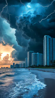 Море, Хмари, Блискавка, Хмарочоси, Захід сонця, Пляж, Хвилі, Міське узбережжя