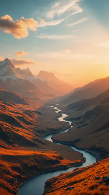 Река, Долина, Закат, Снежные вершины, Золотое освещение, Травянистые склоны, Панорама