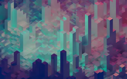 Геометрія, 3d-арт, Пастельні тони, Градієнт, Техно, Воксель, Міський силует, Фіолетово-бірюзовий, AI Art