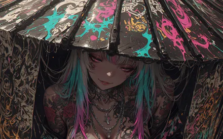 Аніме, Жінка, Татуювання, Кольє, Парасоля, Рожево-бірюзове волосся, Графіті, Темний стиль