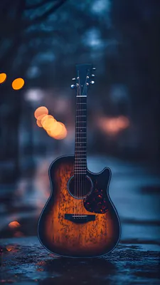 Акустична, Струни, Bоке, Мокра вулиця, Деревина, Вуличні ліхтарі, Вечір, Музичний інструмент