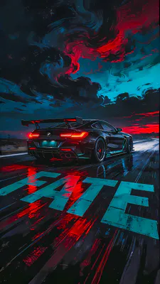 Черный спорткар, Взлетная полоса, Неоновые огни, Блики на мокром асфальте, Драматическое небо, Скорость, Цифровая иллюстрация, AI Art