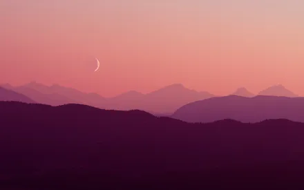 Луна, Серп луны, Силуэты, Горные слои, Сумерки, Минимализм, Туман