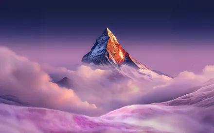 Гора, Хмари, Сніг, Рожеве небо, Туман, Пік, Альпійський пейзаж, Мрійливий, AI Art