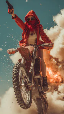 Жінка, Мотокрос, Вибух, Пістолет, Дим, Пустеля, Окуляри, Екшн