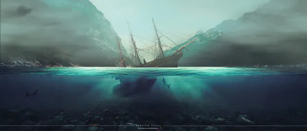 Затонулий, Судно, Підводний світ, Фьорд, Туман, Містика, Гори, Морська глибина, Синьо-зелений, Ultrawide