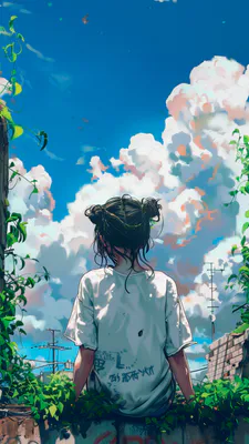 Аніме, Дівчина, Хмари, Зелень, Графіті, Урбаністика, Антени, Зачіска, AI Art