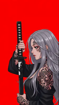 Катана, Красный фон, Серые волосы, Зеленые глаза, Черная одежда, Орнаментальные узоры, Аниме, Женский персонаж