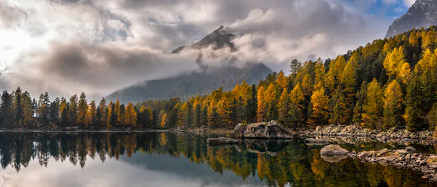 Горы, Пейзаж, Отражение, Озеро, Золотая осень, Природа, Небо, Лес