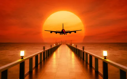 Закат, Пирс, Путешествие, Море, Океан, Взлет, Горизонт, Самолет