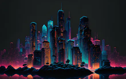 Горизонт, Киберпанк, Неон, Synthwave, Городской пейзаж, Ночной город, Небоскребы, Футуристический