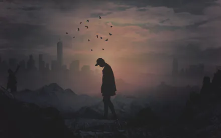 Силуэт, Одиночество, Город, Туман, Меланхолия, Человек, Горы, Птицы, Мегаполис