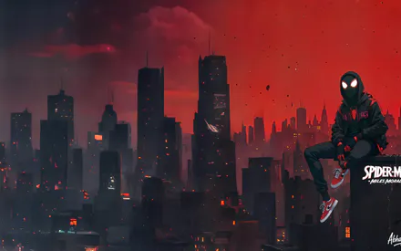 Spider-man, Городской пейзаж, Силуэты, Красное небо, Худые, Кеды, Комикс-стиль, Иллюстрация