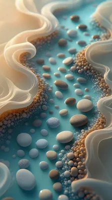 Пастельные цвета, Жидкие формы, Капли, Глянцевые детали, Песчинки, 3d-рендер, Макро текстура, AI Art