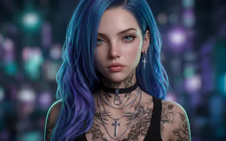 Anime, Anime Girl, Girl, Blue Hair, AI Art, AI Generated, Tattoo, Tattooed Girl