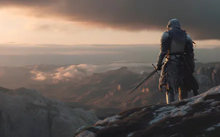 Warrior, Knight, Sunset, Mountains
