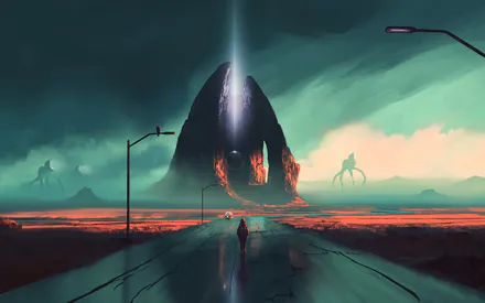 Surrealism, Science Fiction, Lone Traveler, Giant Mechanisms, Portal, Monumental Rock, Desert Landscape, Pastel Colors, AI Art