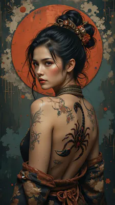 Girl, Portrait, Tattoo, Scorpion, Kimono, Black Hair, Japanese Style, Orange Circle, AI Art