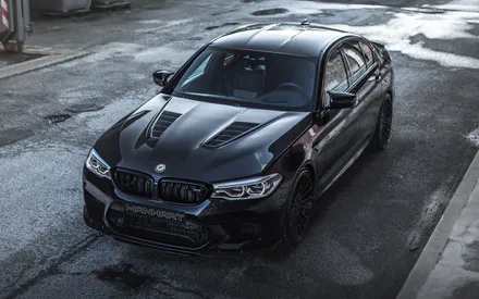 BMW, MANHART, Black Sedan, Sports Car, City Parking, Carbon Hood, Car Rims