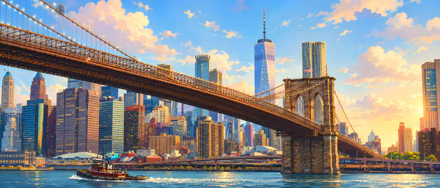 Brooklyn Bridge, New York City, Городской пейзаж, Небоскребы, Ист-Ривер, Буксир, Городская архитектура, AI Art, Ultrawide
