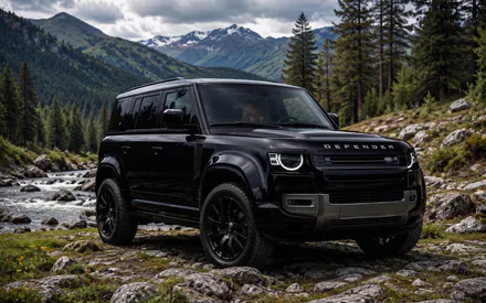 Land Rover, Defender, Чорний позашляховик, Гірський пейзаж, Хвойний ліс, Гірська річка, Скелястий берег, AI Art