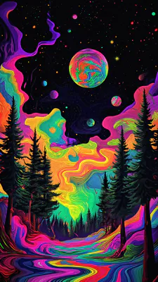Неоновый лес, Космический пейзаж, Разноцветные планеты, Звездное небо, Хвойные деревья, Фантазийный пейзаж, Абстрактные волны, AI Art