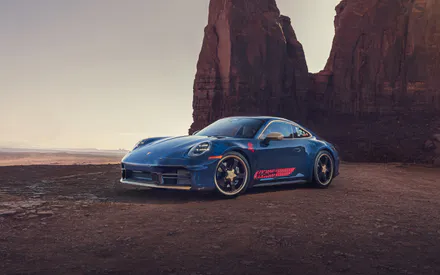 Porsche 911, Sports Car, Coupe, Blue Car, Desert, Rock Formations, Mountain Landscape