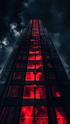 Skyscraper, Architecture, Glass Facade, Red Lighting, Night City, Cloudy Sky, Urban Photography