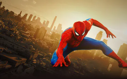 Spider-Man, Superhero, City, Skyscrapers, Jump, Red Suit, Blue Suit, Film Frame